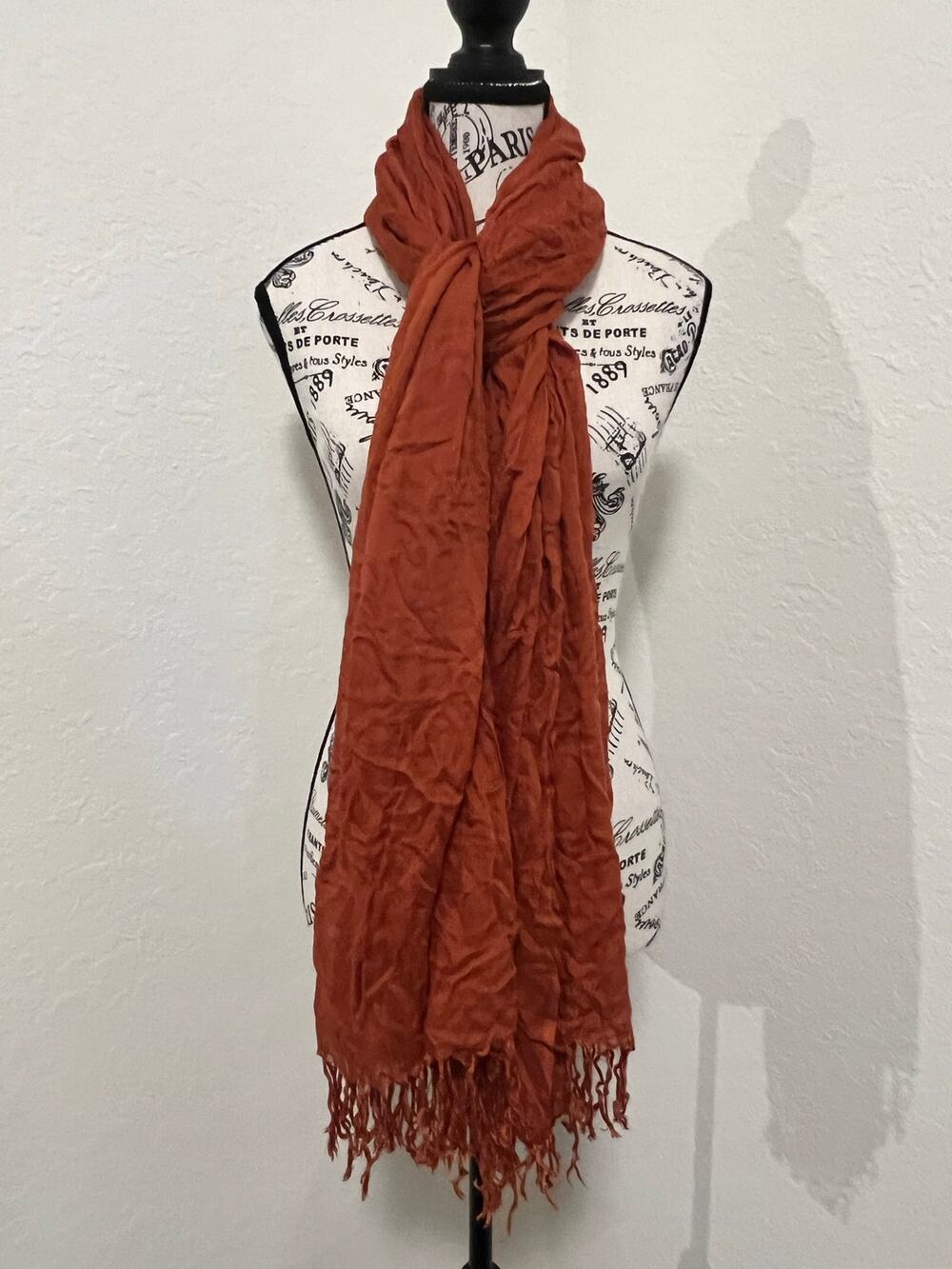 Nine West Rust Orange Crinkled Scarf Lightweight With Delicate Tassel Fringe
